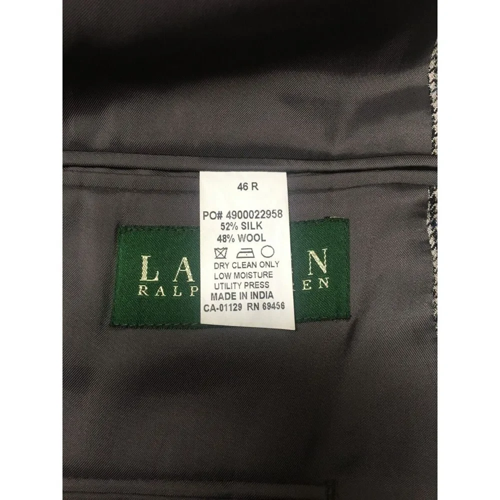 Mens Ralph Lauren Gray Houndstooth Jacket‎ 2 Button Size 46 R Silk Wool Blend